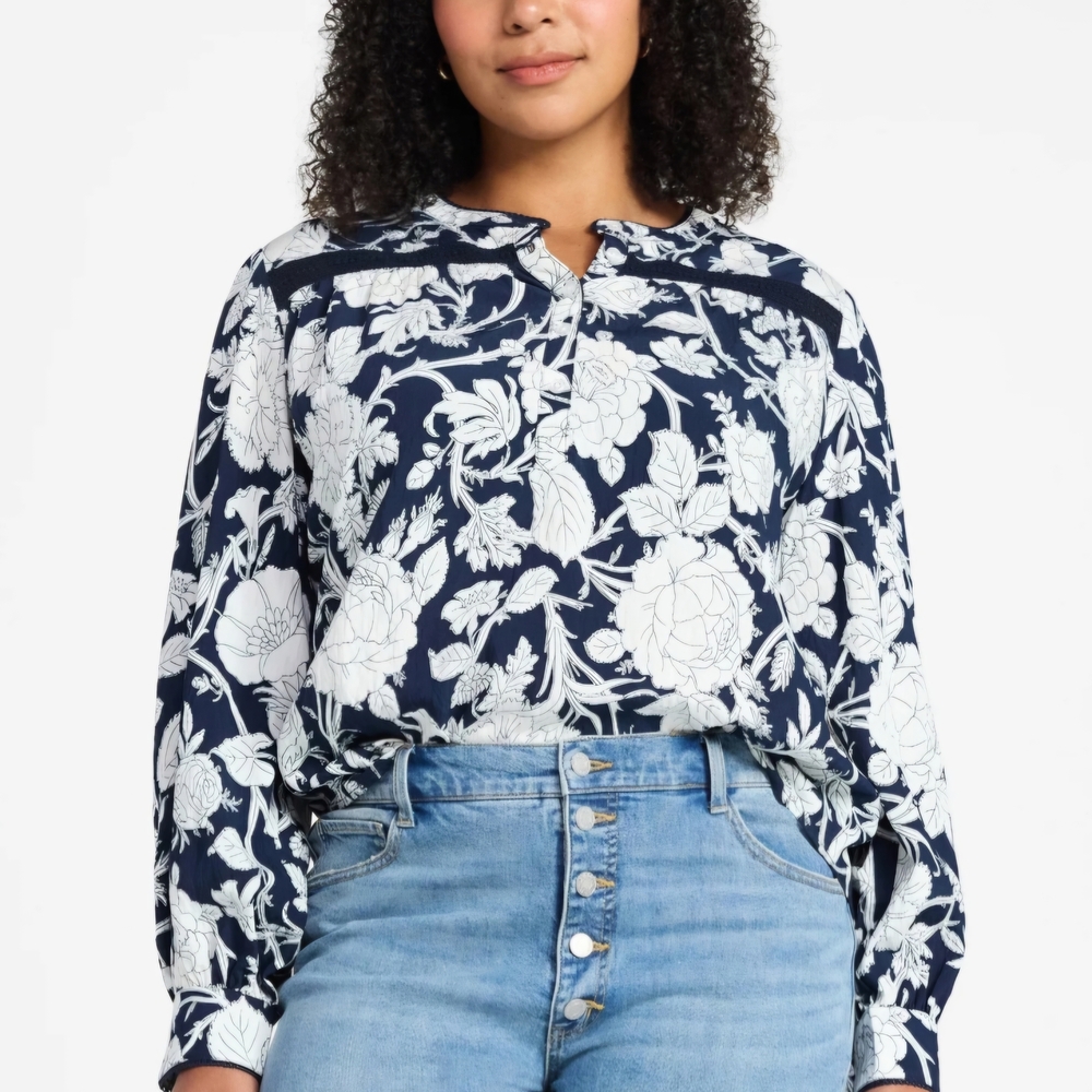 Time and Tru Lace Yoke Blouse Long Sleeve Floral Navy NWT, Casual, Work Top